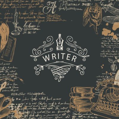 Vector banner on a writers theme with sketches and place for text in retro style on black background. Abstract illustration with hand-drawn typewriter, books, angel, dragonfly, handwritten notes